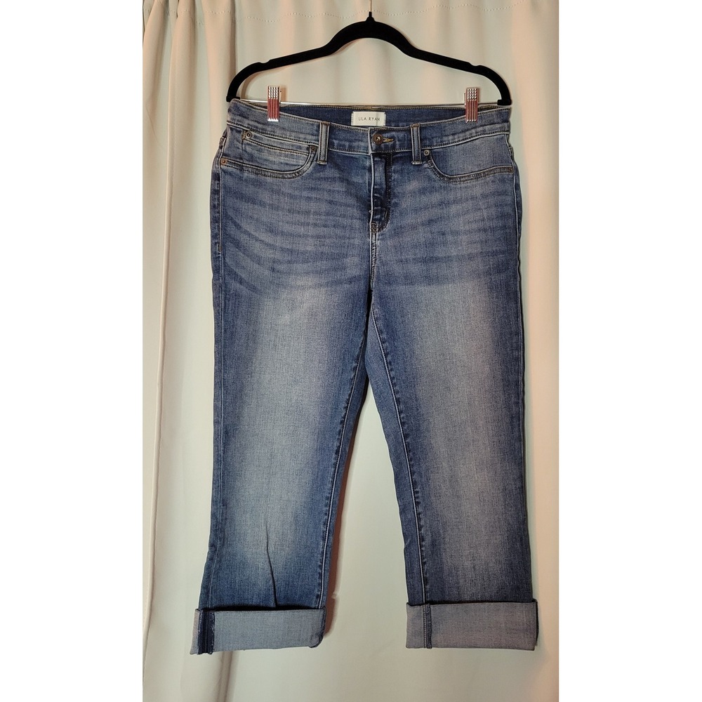 Lila Ryan Geary Mid-Rise Medium Wash Cuffed Capri Jeans Size 32 14 182110